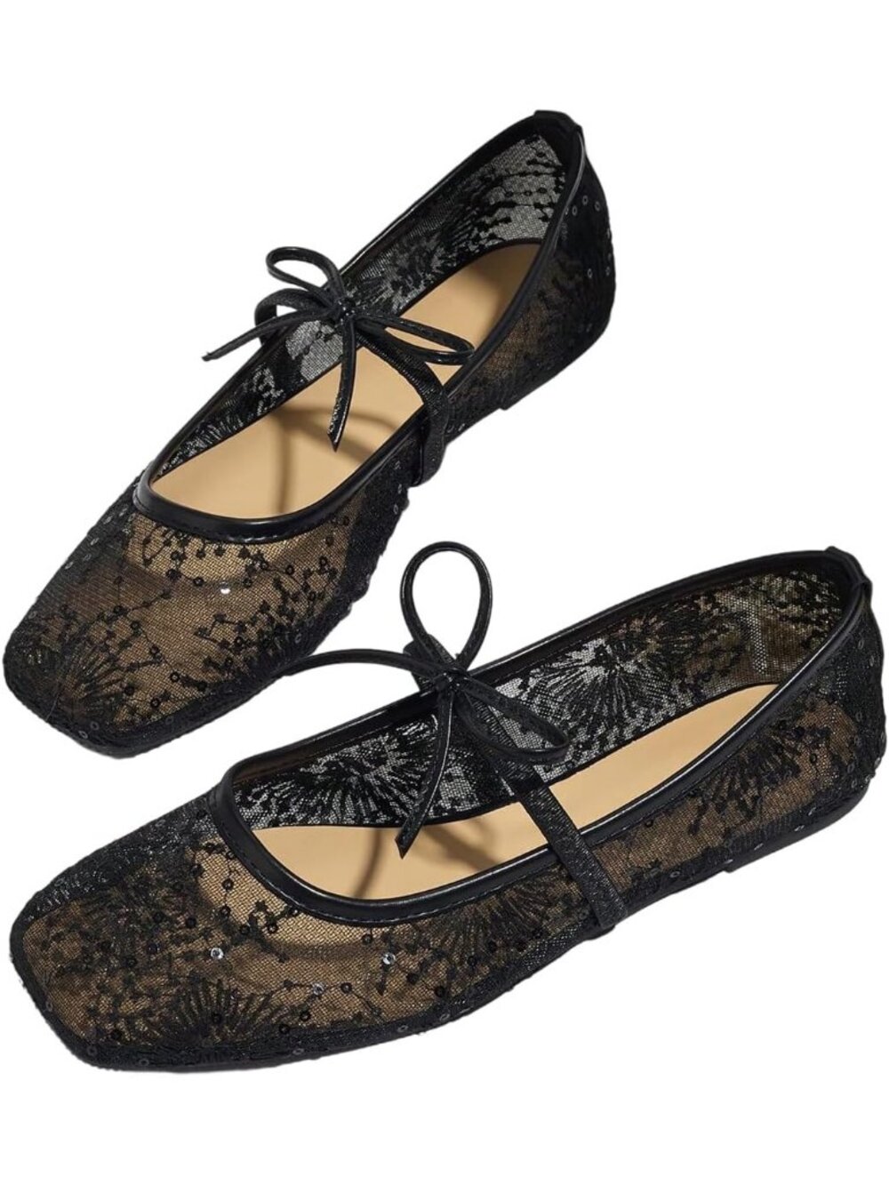 Women's Light Black Polka Dots Mesh Ballet Flat Cute Lace Ballerina Casual Shoes